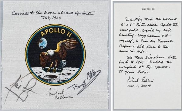 5. Tấm bưu thiếp tàu Apollo 11 Giá dự kiến: 60 - 80 nghìn USD (1,3 - 1,7 tỷ đồng) Giá bán: 95 nghìn USD (2 tỷ đồng)Tấm bưu thiếp làm từ vải Beta ghi chữ ký của ba phi hành đoàn Apollo 11 gồm: Neil Armstrong, Michael Collins và Buzz Aldrin ký trước khi thực hiện chuyến thám hiểm Mặt trăng đầu tiên vào tháng 7/1969.