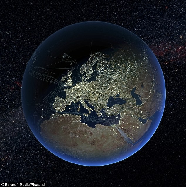 Bản đồ toàn cầu chỉ ra những trục đường chính, mạng lưới đường sắt cùng với các đường truyền và cáp dữ liệu dưới nước trong hình ảnh trái đất về đêm.
