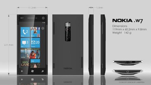 1. Nokia W7 Được thiết kế bởi tác giả Larmthe4 thuộc diễn đàn Deviantart, Nokia W7 cài cắm bộ nhớ RAM 768MB, dung lượng lưu trữ 16GB, máy ảnh 12 Megapixel với ống kính Carl Zeiss hàng hiệu và đèn LED kép. Ngoại hình chú dế khá ấn tượng với dáng mỏng, hơi cong tại phần giữa và nặng khoảng 142 gam. Kích thước tương ứng theo từng cạnh máy lần lượt là 119 x 60,2 x 9,8mm và đầy đủ cổng kết nối như microUSB và miniHDMI.