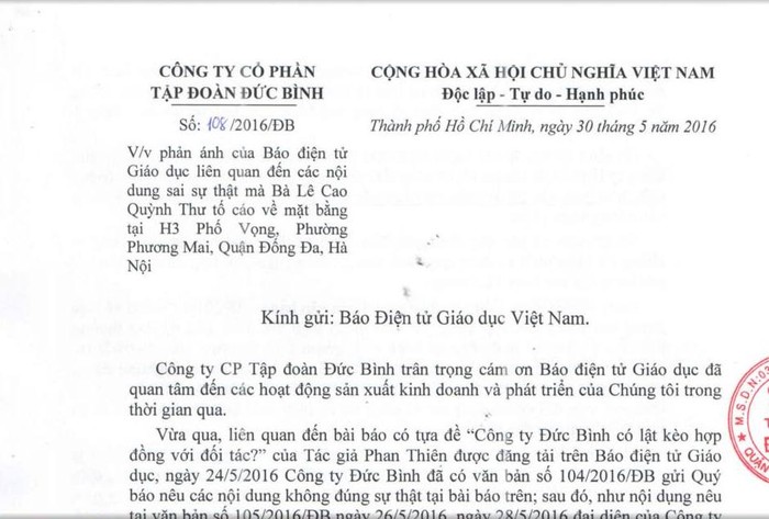 Công văn của Công ty Đức Bình gửi Báo điện tử Giáo dục Việt Nam.