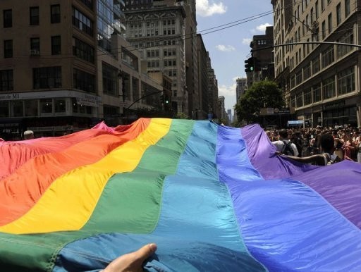 Họ còn đem thêm những lá cờ khổng lồ được gọi là cờ cầu vồng của người đồng tính.