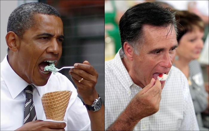 Obama trong khi dừng lại một quán kem ở Cedar Rapids,tiểu bang Iowa. Còn Romney đang thưởng thức kem ở Zanesville, Ohio.