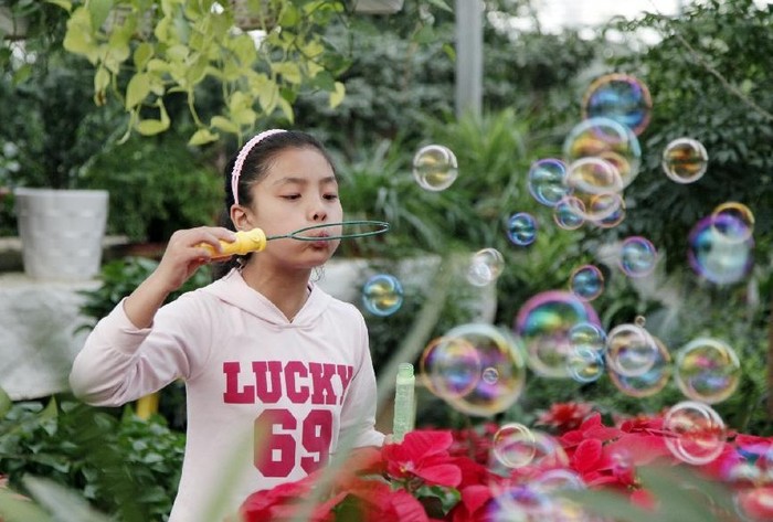 Một bé gái thổi bong bóng tại chợ hoa ở Sơn Đông.