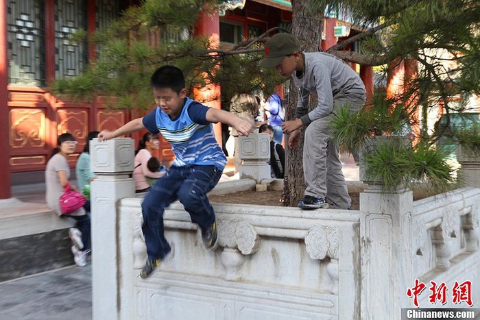 Người lớn bỏ mặc cho trẻ em chơi đùa, trèo lên hàng rào bảo vệ cây cổ thụ trong Di Hòa Viên.