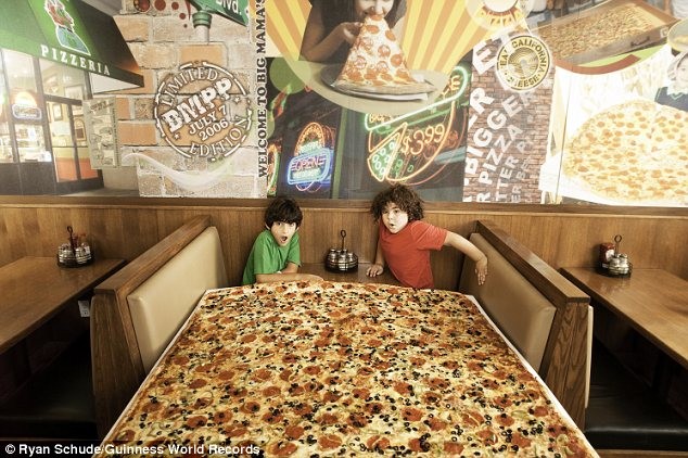 Chiếc bánh pizza lớn nhất thế giới được làm ra tại Mỹ có hình vuông với mỗi cạnh dài 1,37m. Chiếc bánh khổng lồ này đủ cho 100 người an với giá bán lẻ 199,99 USD chưa thuế và có thể đặt hàng trước 24h.