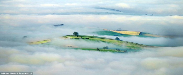 Đồng cỏ xanh của thung lũng Eden ẩn hiện trong sương sớm mùa thu như một hòn đảo tươi mát nổi giữa biển mây