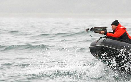 Thủ tướng Putin đi thuyền cao su dùng súng săn bắn tên vào một con cá voi xám quý hiểm ở vùng biển Thái Bình Dương để lấy mẫu da cho các nhà nghiên cứu khoa học trong tháng 8/2010