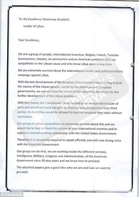 Bức thư chào hàng cung cấp dịch vụ tư vấn giải quyết xung đột của nhóm vận động hàng lang người Mỹ cho Đại tá Gaddafi