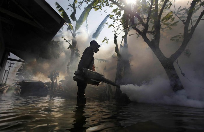Một nhân viên Y tế Thái Lan đang phun thuốc khử trùng tại khu vực ngoại ô Bangkok bị ảnh hưởng bởi lụt kéo dài ngày 25/11.