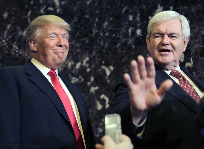 Donald Trump, ứng viên tranh cử Tổng thống của Đảng cộng Hòa Mỹ, mỉm cười bên cạnh cựu phát ngôn viên Nhà Trắng Newt Gingrich trong cuộc nói chuyện với giới truyền thông sau cuộc họp ở New York hôm 5/12