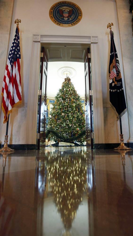 Cây thông Noel phía trước cửa phòng Xanh để trang trí cho Nhà Trắng trong mùa Giáng sinh năm nay, người ta đã phải sử dụng tới tổng cộng 37 cây thông Noel trong đó có 30 cây tự nhiên, 7 cây được làm từ giấy, vải nỉ và nhôm.