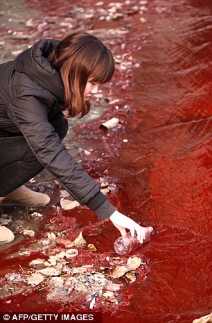 Một phụ nữ thu thập mẫu nước sông để làm thí nghiệm