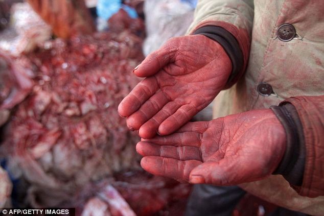 Bàn tay đỏ au của một công nhân làm việc tại xưởng nhuộm bất hợp pháp trên