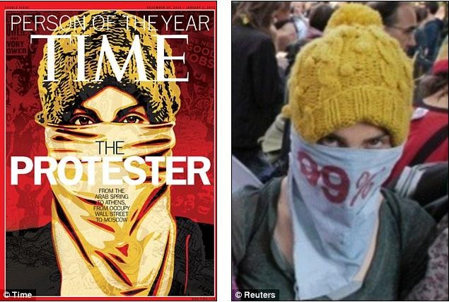 Bức ảnh "Người biểu tình trên trang bìa tạp chí Times (trái) và ảnh của Sarah trên tuần báo "LA Weekly"