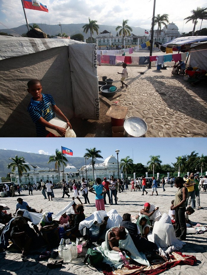 Cách không xa cung điện là các trại tị nạn. Ảnh trên chụp ngày 11/1/2012. Ảnh dưới chụp ngày 16/1/2010.