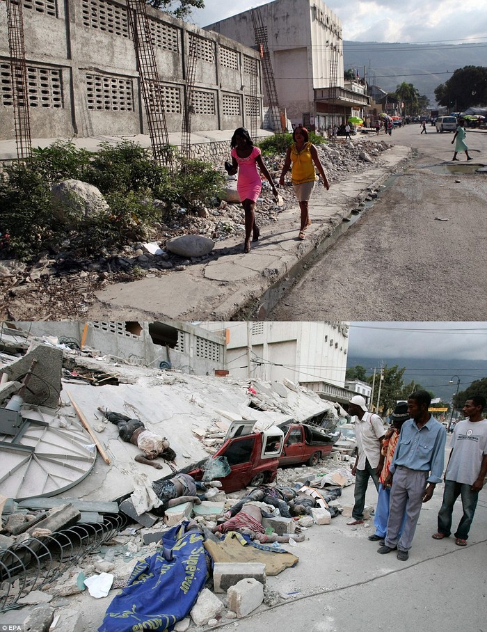 Một khối lượng lớn những mảnh vỡ đã được đưa ra khỏi con phố Triomphe ở Port au Prince. Ảnh chụp ngày 11/1/2012 (trên) và ảnh chụp ngày 13/1/2010.