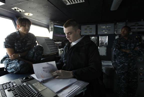 Các thủy thủ nghiên cứu tài liệu EAWS tại phòng Pri Fly (Primary Flight Control) trên tàu USS Abraham Lincoln ngày 14/2/2012