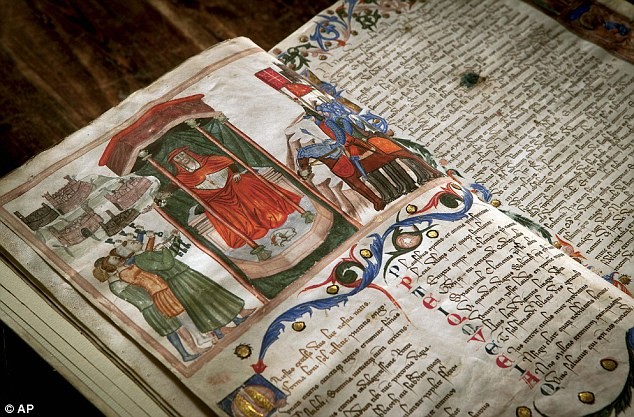 Trang sách kể về các hành động quân sự và chính trị của Đức Hồng y Gil de Albornoz trong cuốn sách kể về các lời thề trung thành (1356-1359) đối với Đức Giáo Hoàng Innocent VI tại triển lãm.