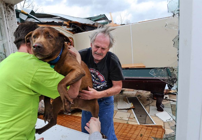 Greg Cook và con chó nâu của mình được giải cứu khỏi căn nhà bị lốc xoáy phá hủy tại bang Alabama hôm 2/3