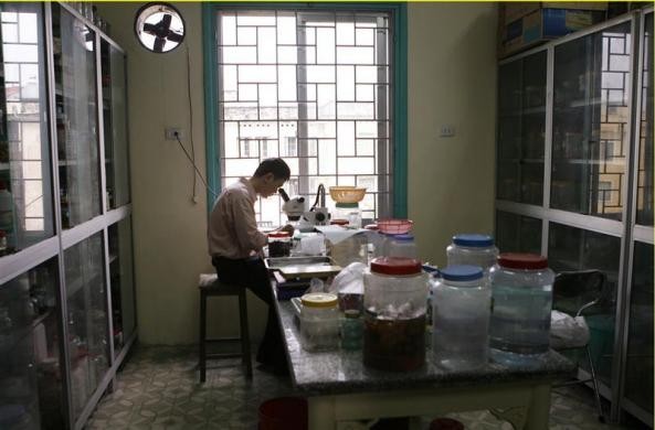 Nam sinh viên đang nhìn qua kính hiển vi trong một phòng thí nghiệm của một trường đại học tại Hà Nội ngày 7/5/2009