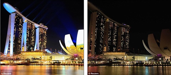 Khách sạn Marina Bay Sands và Bảo tàng ArtScience ở Singapore trước và trong Giờ Trái đất.