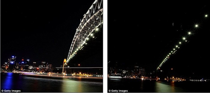 Cầu Sydney Harbour dường như biến mất trong đường chân trời khi đèn phụt tắt.