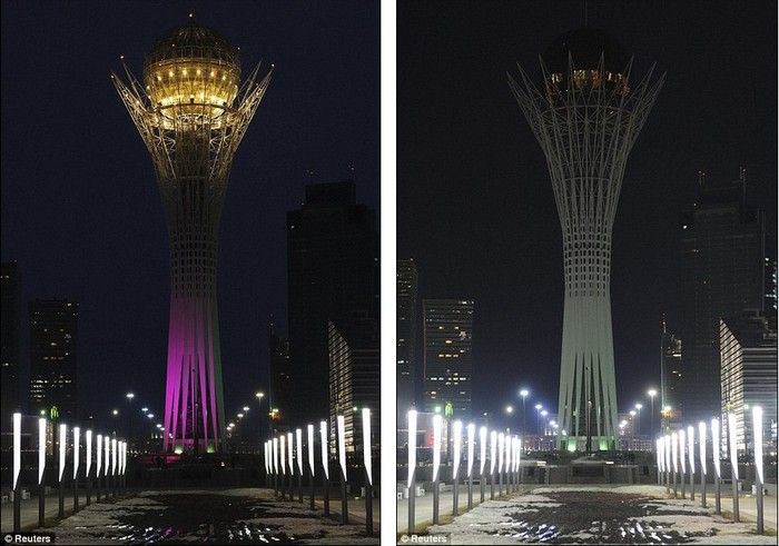 Tòa tháp Baiterek cao 97 m tại thủ đô Astana của Kazakhstan trước và trong Giờ Trái đất.