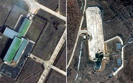 Ảnh bệ phóng tên lửa Triều Tiên (phải) và cận cảnh xe radar di động xuất hiện gần bệ phóng (trên cùng, bên phải của ảnh trái)