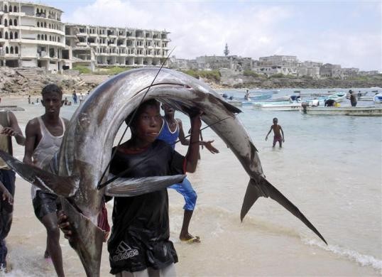 Thanh niên Somalia vác con cá cỡ lớn trên đầu gần bờ biển Ấn Độ Dương tại Mogadishu ngày 3/11/2007.