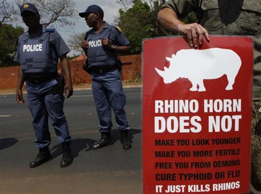 Cảnh sát phụ trách an ninh tại khu vực biểu tình kêu gọi kết thúc các hoạt động săn trộm tê giác bên ngoài Đại sứ quán Trung Quốc ở Pretoria ngày 22/9/2011.
