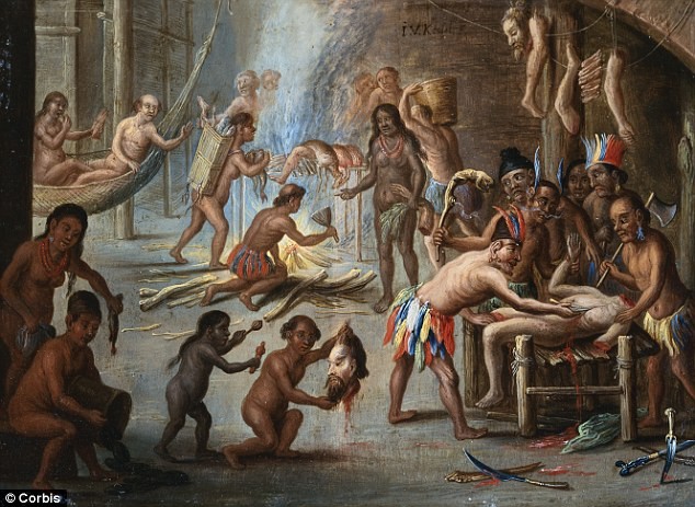Bức tranh mô tả cảnh những người thổ dân châu Mỹ ăn thịt động loại mang tên "Indians as Cannibals" của họa sĩ Jan van Kessel vẽ năm 1670.