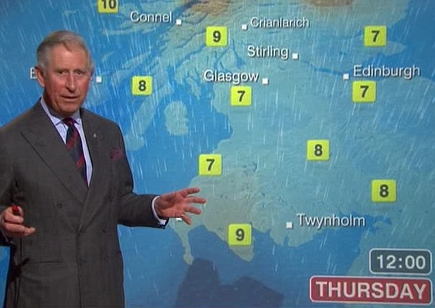 Thái tử Charles đọc bản tin thời tiết trên đài BBC.