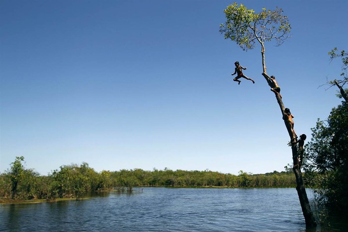 Trẻ em bộ lạc Yawalapiti nhảy cây tắm sông tại công viên quốc gia Xingu, bang Mato Grosso, Brazil ngày 7/5.
