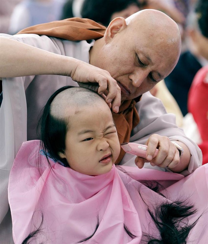Một nhà sư Hàn Quốc cạo đầu cho bé Hye Oh trong sự kiện mừng ngày sinh Đức Phật tại chùa Jogye, Seoul, Hàn Quốc ngày 13/5. Cậu bé là 1 trong 9 trẻ em tới chùa này để trải nghiệm cuộc sống của một tu hành gia trong 3 tuần.