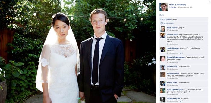 Ảnh cưới được Mark Zuckerberg đăng tải trên Facebook cá nhân