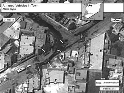 Ảnh chụp ngày 31/5 tại thị trấn Atarib cho thấy vị trí của các xe bọc thép trong thị trấn.