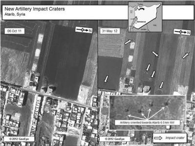 Ảnh chụp cùng một vị trí tại Atarib ngày 6/10/2011 và 31/5/2012 (phải) trong đó có sự hiện diện của pháo binh (đánh dấu bằng mũi tên) cách thị trấn 6.5 km.