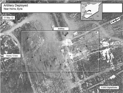 Ảnh chụp cho thấy pháo được triển khai cách Homs 13 km ngày 31/5/2012