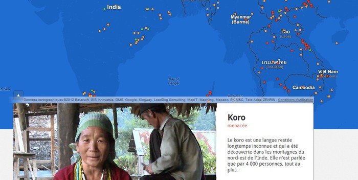 Trang web của dự án bảo tồn các ngôn ngữ đang có nguy cơ tuyệt chủng do Google thành lập. Trên cùng là bản đồ Việt Nam với các chấm đỏ, vàng mô tả vị trí các ngôn ngữ hiếm đã được đăng tải lên kho dữ liệu của của dự án.
