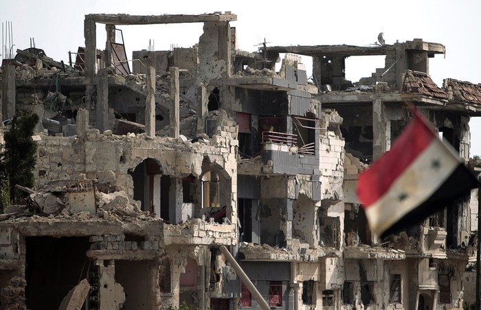 Một tòa nhà đổ nát do các cuộc xung đột bạo lực tại Bab Amro của Homs, Syria, ngày 2 tháng 5 năm 2012.