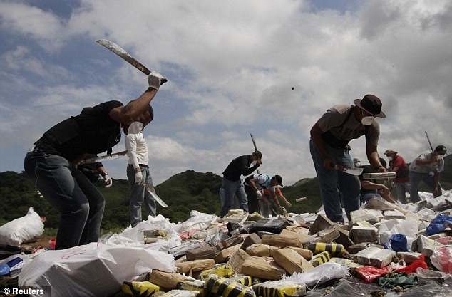 Cảnh sát Panama chặt nhỏ số ma túy bị thu giữ trước khi tiêu hủy.