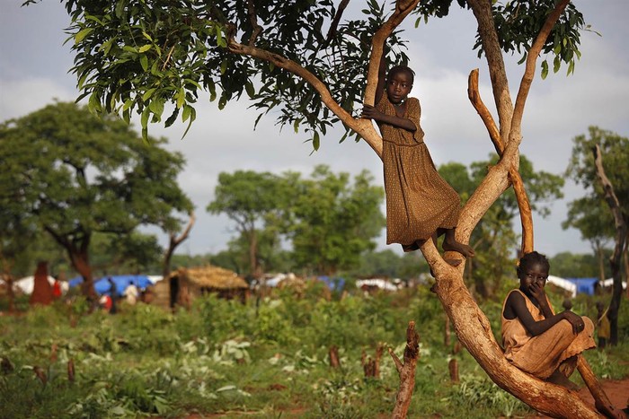 Các bé gái chơi trên cây tại trại tị nạn Yida ở Yida, Nam Sudan ngày 6/7. Hiện trại tị nạn này đang chứa 64.000 người Bắc Sudan chạy trốn bạo lực và vẫn không ngừng gia tăng.