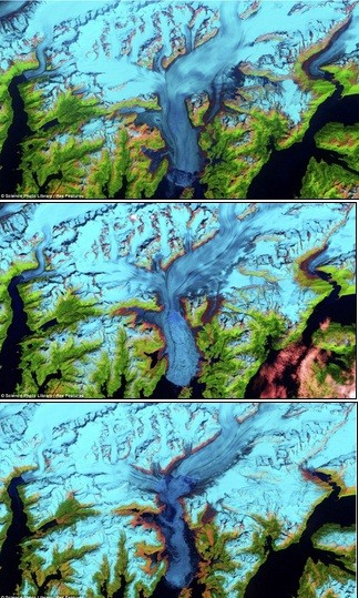 Sự thay đổi của sông băng Columbia Glacier trong năm 1986 (trên), năm 2000 (giữa) và năm 2011. Sông băng Columbia Glacier chảy xuống từ độ cao 3.050m trên mực nước biển và đổ ra Alaska. Đây là một trong những sông băng đang thay đổi nhanh nhất thế giới. Từ năm 1980 tới nay, dòng sông này đã ngắn đi 20 km về phía bắc, mất khoảng một nửa độ dày và khối lượng băng.