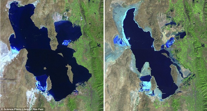 Ảnh hồ muối Great ở Utah, Mỹ năm 1985 (trái) và năm 2010.