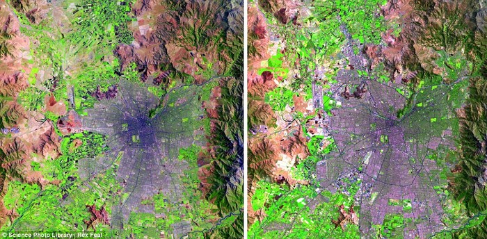 Sự mở rộng của thành phố Santiago, Chile trong năm 2010 (phải) so với năm 1985.