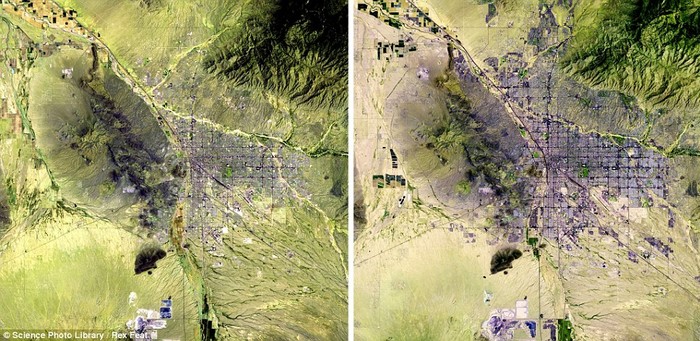 Thành phố Tucson, Arizona (Mỹ) năm 1984 (trái) với dân số chưa đầy 600.000 người và năm 2011 với hơn 1 triệu dân.