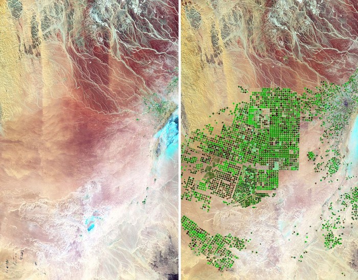 Lưu vực sông Wadi As-Sirhan Basin ở Ả Rập Saudi năm 1987 (trái) và năm 2012. Sa mạc đã được phát triển thành đất công nghiệp và nước sông được khai thác để phục vụ canh tác nông nghiệp.