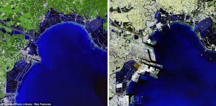 Mức độ đô thị hóa tại thành phố Binhai, Trung Quốc từ năm 1992 (trái) tới năm 2012.