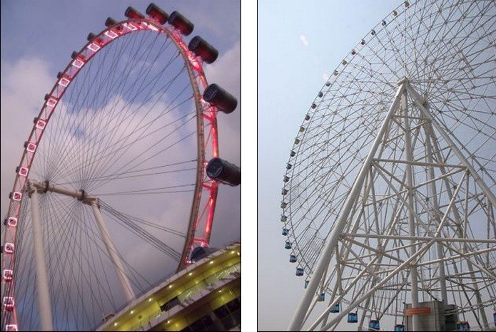 Singapore Flyer (trái) và Star Of Nanchung ở Trung Quốc - 2 bánh xe đu quay mang phong cách Ferris có chiều cao 163,2m và 157,5m.
