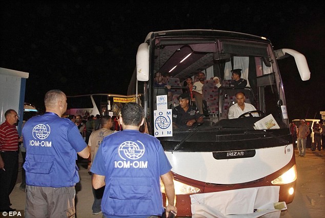 Đoàn xe bus chở những người tị nạn tới các trại tập trung để chạy trốn bạo lực.